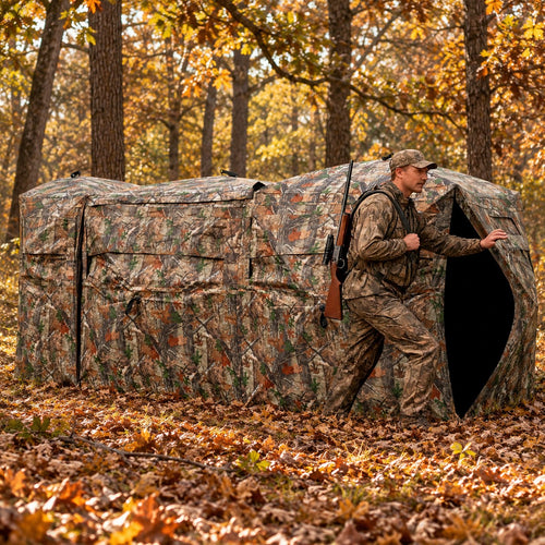 2-6 person side-by-side hunting blind set up in fall woods