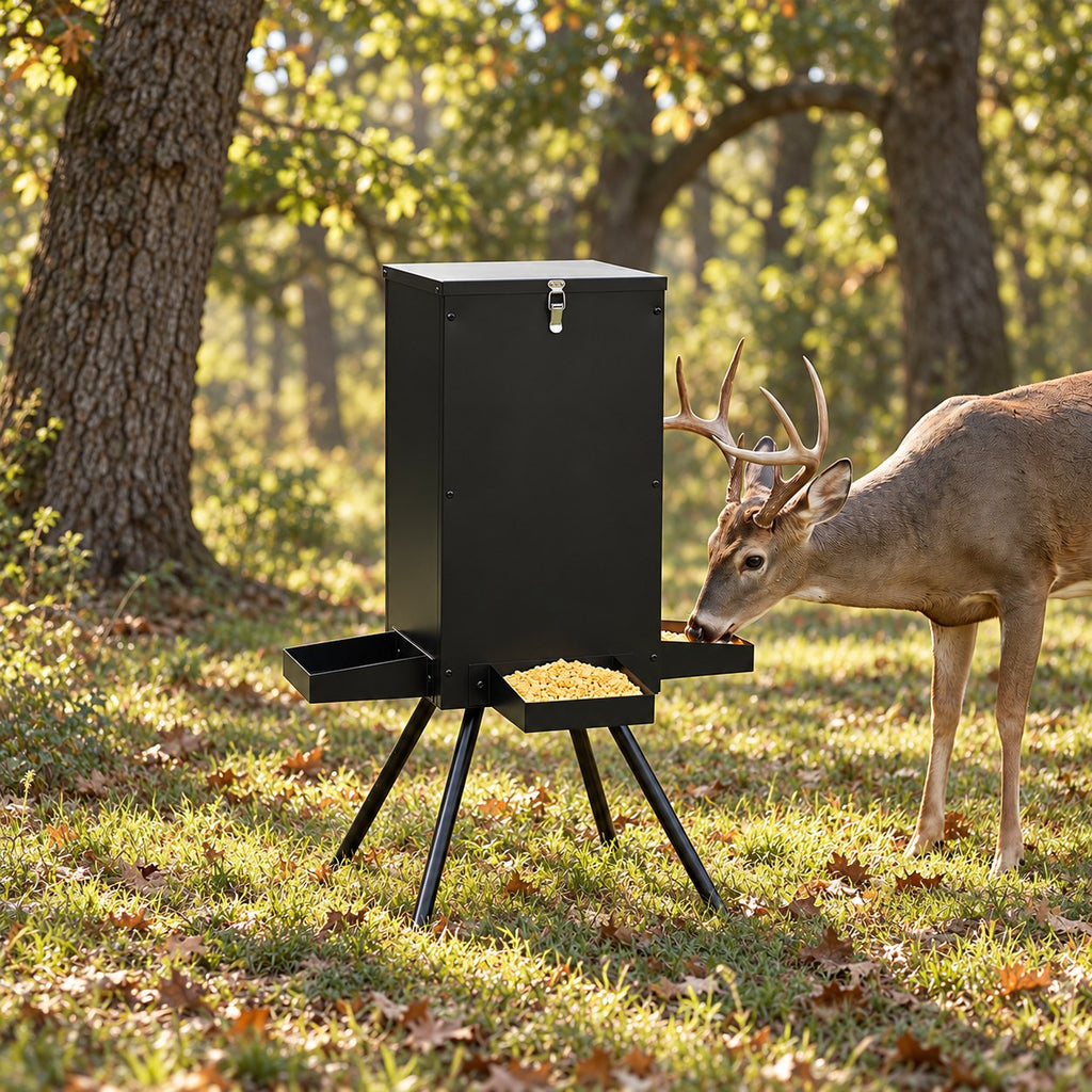 90 lb gravity deer feeder in the woods with a buck feeding