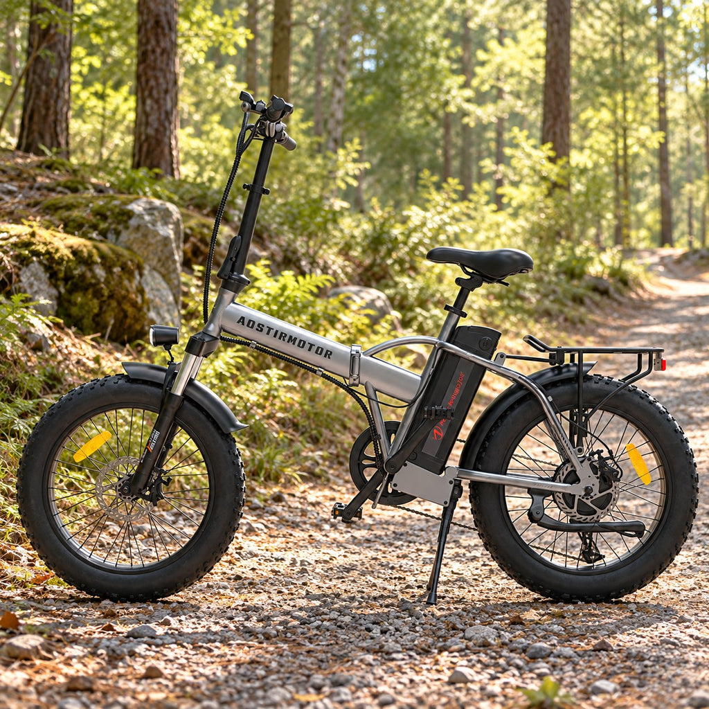 Foldable fat tire e-bike on a forest trail