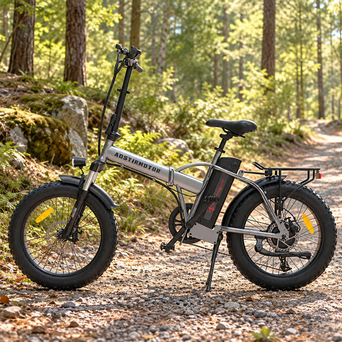 Foldable fat tire e-bike on a forest trail