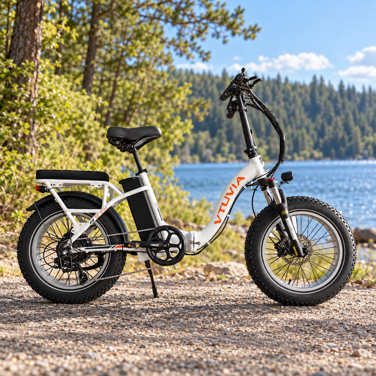 VTUVIA SF20H fat tire e-bike on a lakeside trail