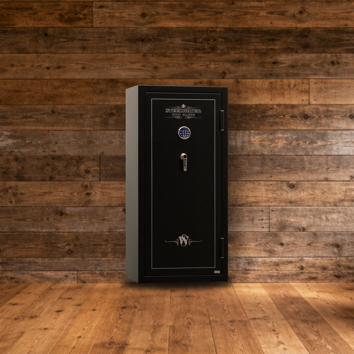 Steelwater EGS5928 safe in a rustic hunting lodge den