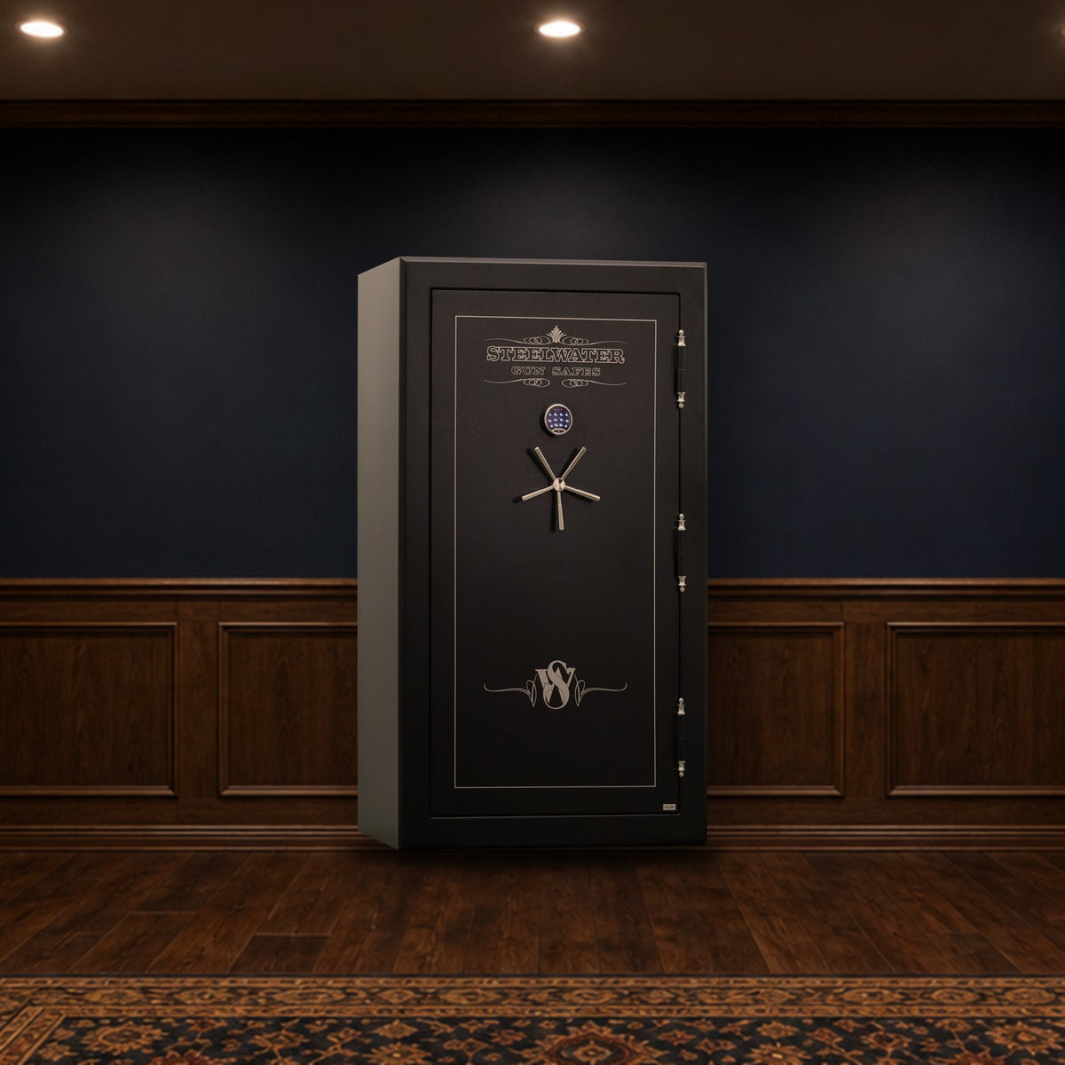 Steelwater MAX794528 gun safe in a finished basement man cave