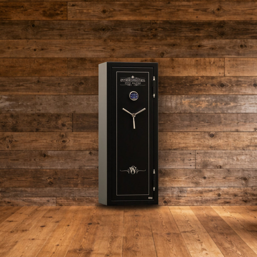 Steelwater SW592216 safe in a rustic hunting lodge den