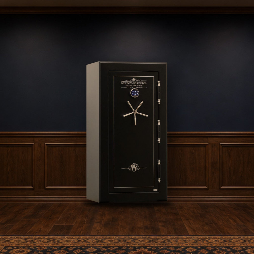Steelwater MAX723028 safe in a finished basement man cave