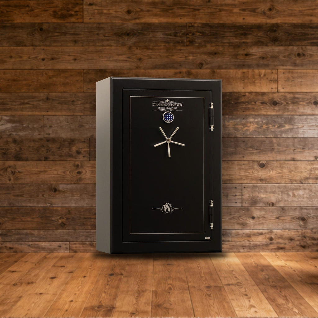 Steelwater HD593924 safe in a rustic hunting lodge den