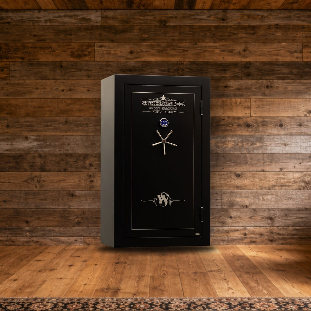Steelwater LD724228 safe in a rustic hunting lodge den
