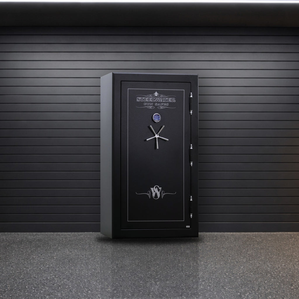 Steelwater MAX794528 gun safe in a garage gun room