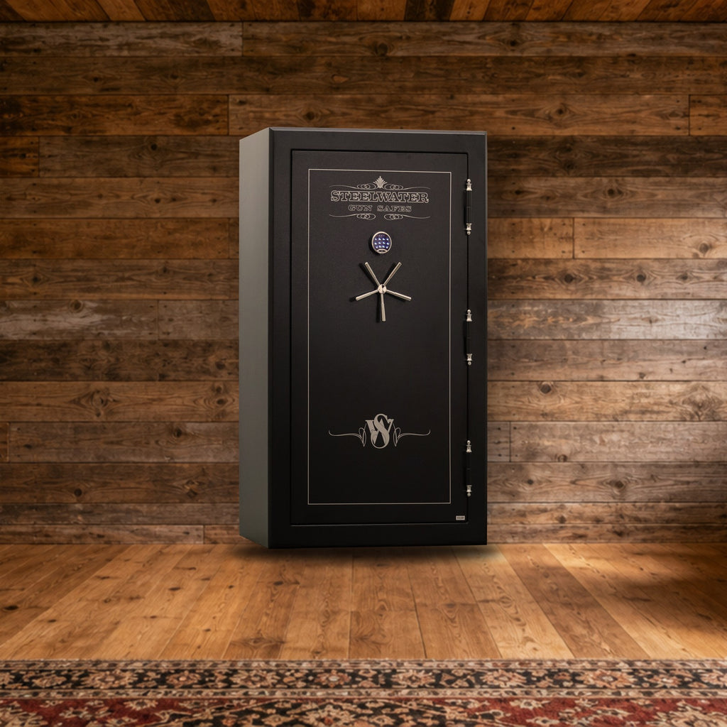 Steelwater MAX794528 45-gun fireproof gun safe in a rustic hunting lodge den