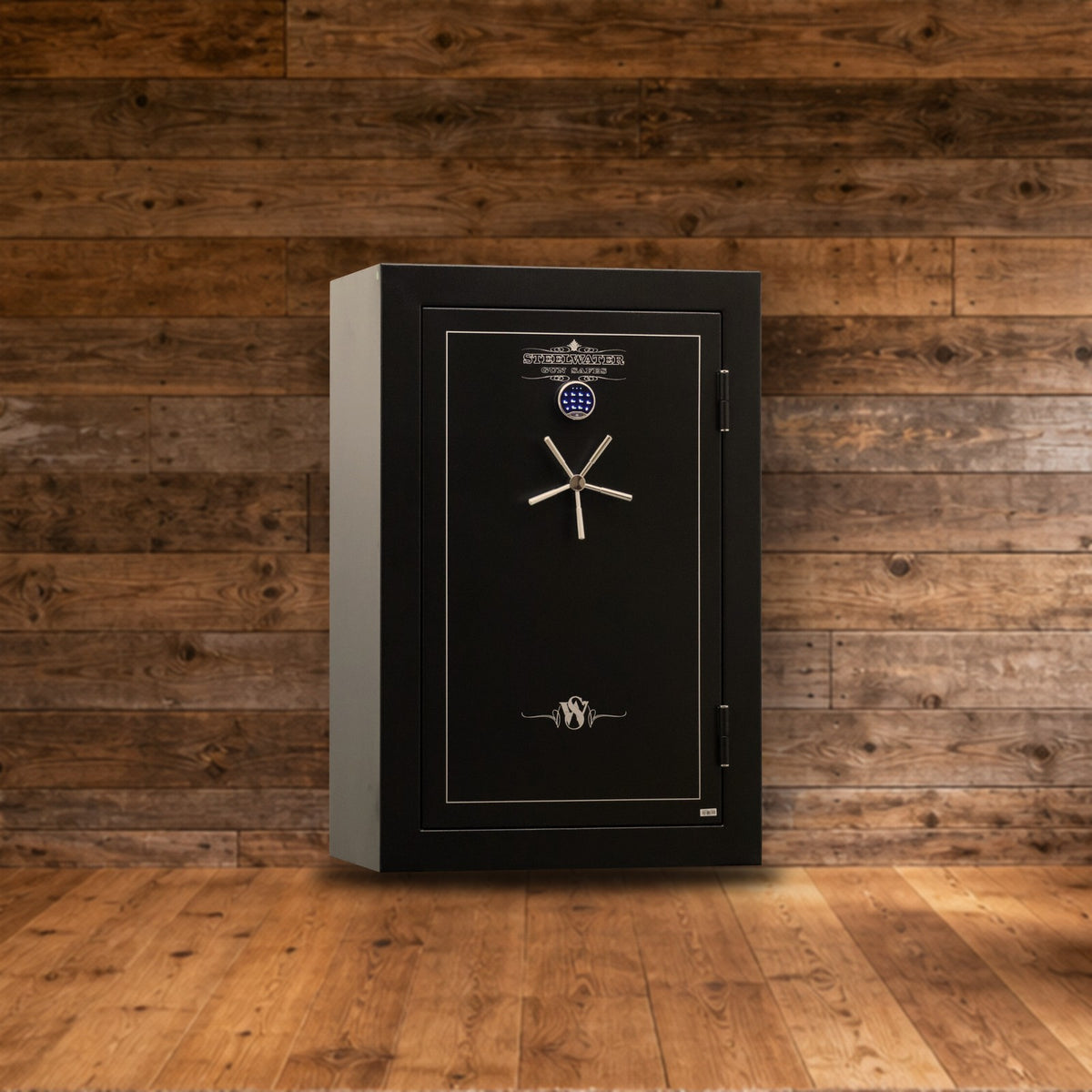 Steelwater LD593924 safe in a rustic hunting lodge den